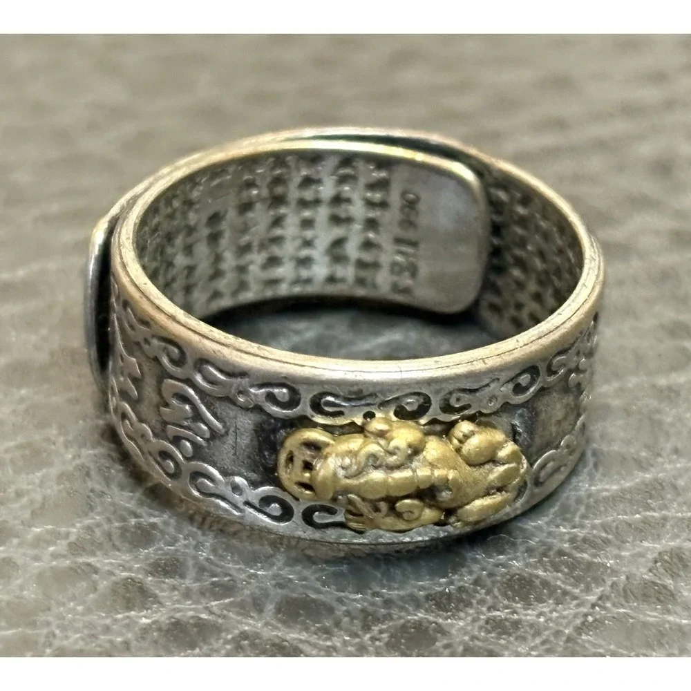990 Silver Plated Lucky Pikiu Six Sutra Dragon Whirling Logs Boho Ring Sz 8